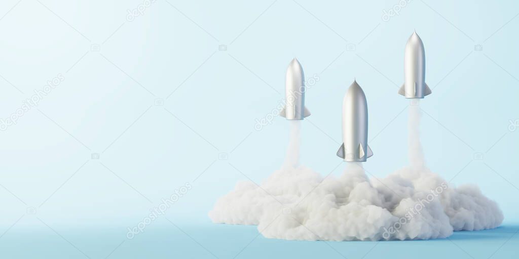 Rockets being launched, success and growth concepts, original 3d