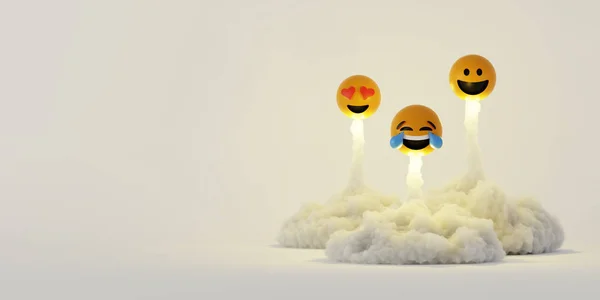 Lanzamiento del cohete sonrisa feliz, conceptos de redes sociales, 3d original — Foto de Stock