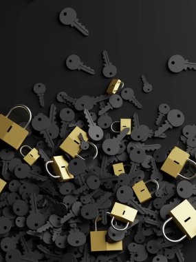 Sonsuz anahtarlı asma kilitler, problem metaforu, çözümler ve risk yönetimi; orijinal 3d oluşturma