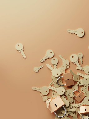 Sonsuz anahtarlı asma kilitler, problem metaforu, çözümler ve risk yönetimi; orijinal 3d oluşturma