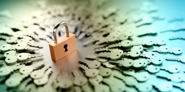 Sonsuz anahtarı olan bir asma kilit, problemler, çözümler ve risk yönetimi metaforu; orijinal 3d oluşturma