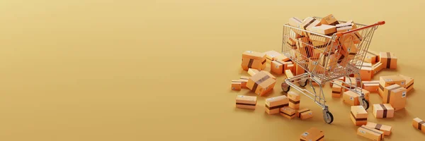 Carrello pieno di scatole di cartone, rendering 3d originale — Foto Stock