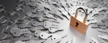 Sonsuz anahtarı olan bir asma kilit, problemler, çözümler ve risk yönetimi metaforu; orijinal 3d oluşturma