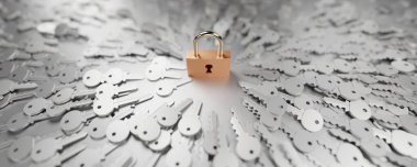 Sonsuz anahtarı olan bir asma kilit, problemler, çözümler ve risk yönetimi metaforu; orijinal 3d oluşturma