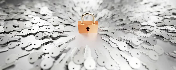Een hangslot met oneindige sleutels, metafoor van problemen, oplossingen — Stockfoto