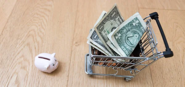 Happy piggy bank with a shopping cart full of dollars — ストック写真