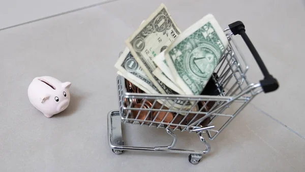 Banco porquinho feliz com um carrinho de compras cheio de dólares — Fotografia de Stock