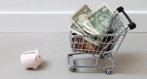 Happy Piggy Bank Shopping Cart Full Dollars — 스톡 사진