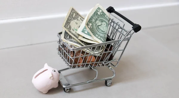 Happy Piggy Bank Shopping Cart Full Dollars — ストック写真