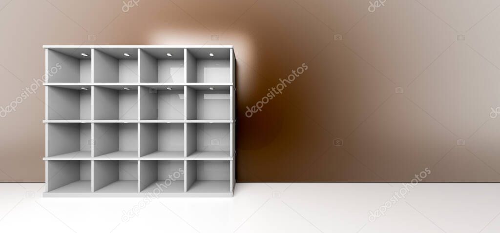 Empty bookshelf, with copy space. Original 3d rendering