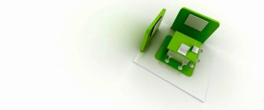 Kurumsal yeşil kabin, beyazda izole edilmiş, kopyalama alanı var. Asıl 3d oluşturma