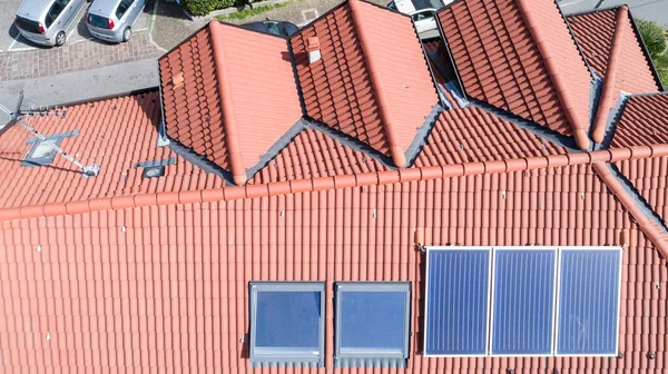 Aerial Drone Photo New Roof Solar Panels — Stock Photo, Image