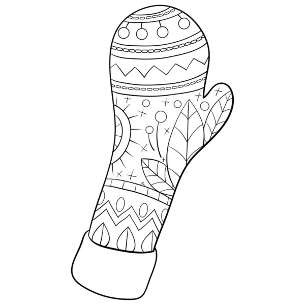Adult coloring book, page a Christmas mitten with ornaments image — стоковый вектор