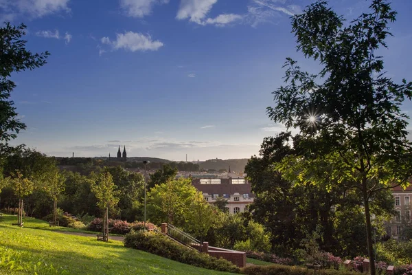View from Ztracenka gardens to Vysehrad church. Prague, Czech Re — Stock Photo, Image