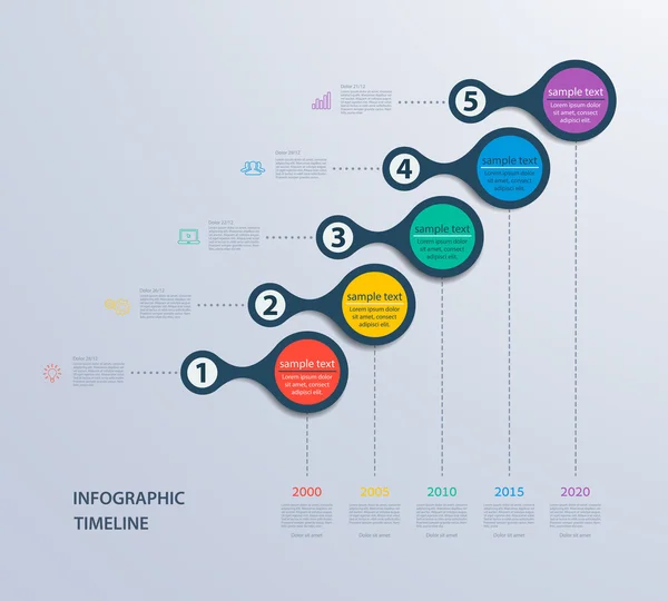 Infografik-Timeline-Vorlage für 5 Schritte und Symbole. kann für Workflow-Layout, Diagramm, Zahlenoptionen, Step-Up-Optionen, Webdesign, Infografiken, Präsentationen verwendet werden — Stockvektor