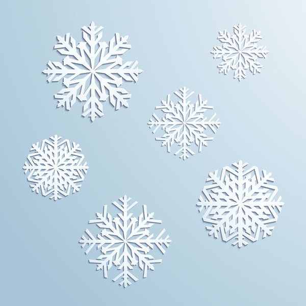 Абстрактные декоративные снежинки, вырезанные из бумаги на сером фоне. Баннер. Дизайн приглашений. Векторная иллюстрация
