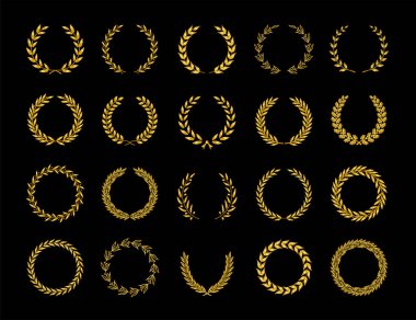 Altın renkli defne yaprakları, meşe yaprakları ve zeytin çelenkleri bir ödülü, başarıyı, serefsizliği, asaleti, oyun devini tasvir ediyor. Vektör illüstrasyonu.