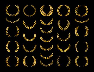 Bir ödül, başarı, habercilik, asalet ve oyun devini tasvir eden farklı altın siluet defne yaprakları ve zeytin çelenkleri. Vektör illüstrasyonu.