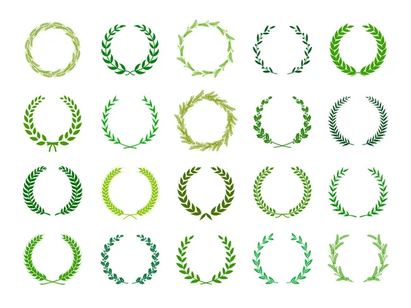 Verzameling van ronde groene laurierkransen. Kan gebruikt worden als design elementen in heraldiek op een award certificaat manuscript en als symbool voor de overwinning illustratie in silhouet — Stockvector