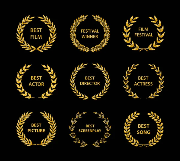 Film Awards. Gold award wreaths on black background. Vector illustration. — Stock Vector