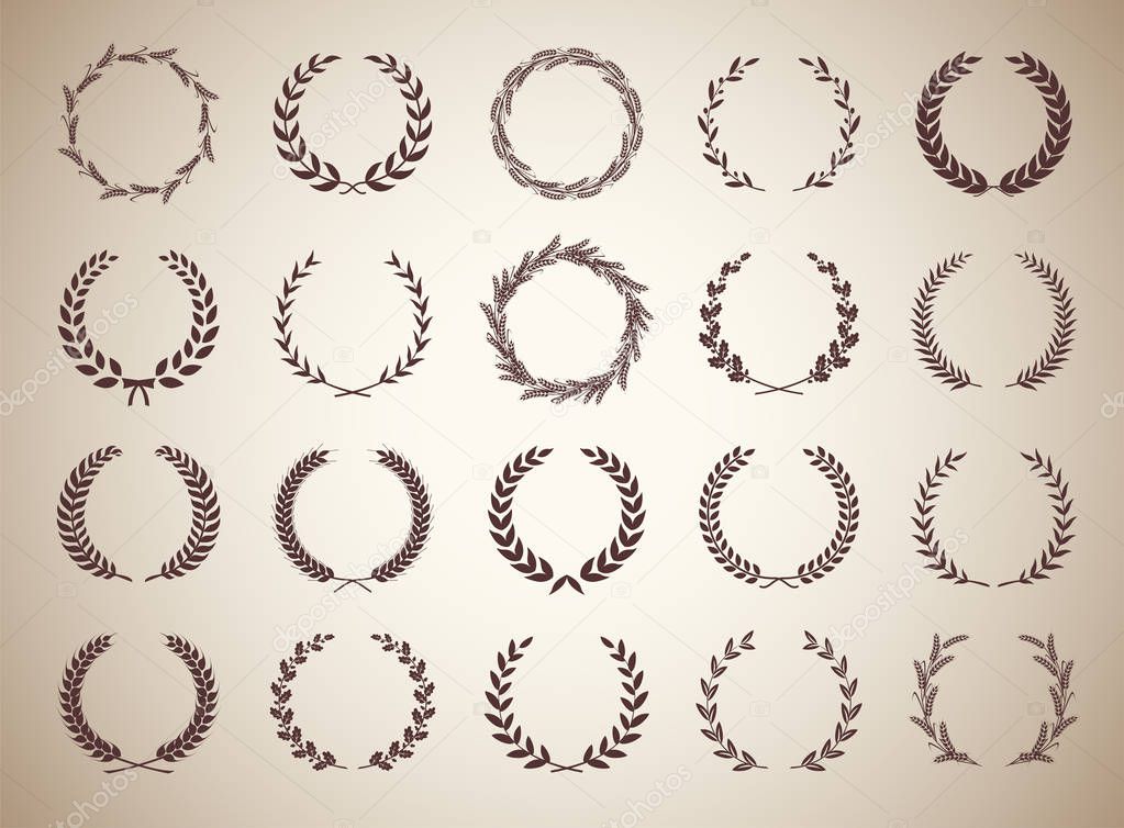 Collection of circular vintage laurel wreaths. Can be used as design elements in heraldry on an award certificate manuscript and to symbolise victory illustration in silhouette