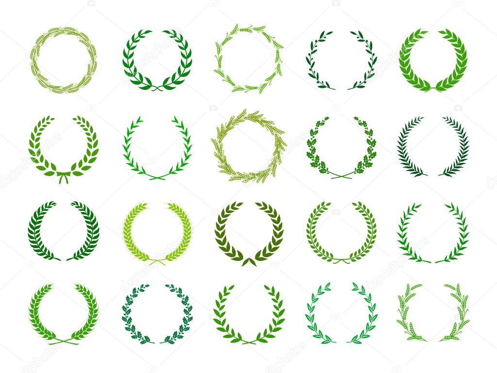 Collection of circular green laurel wreaths. Can be used as design elements in heraldry on an award certificate manuscript and to symbolise victory illustration in silhouette