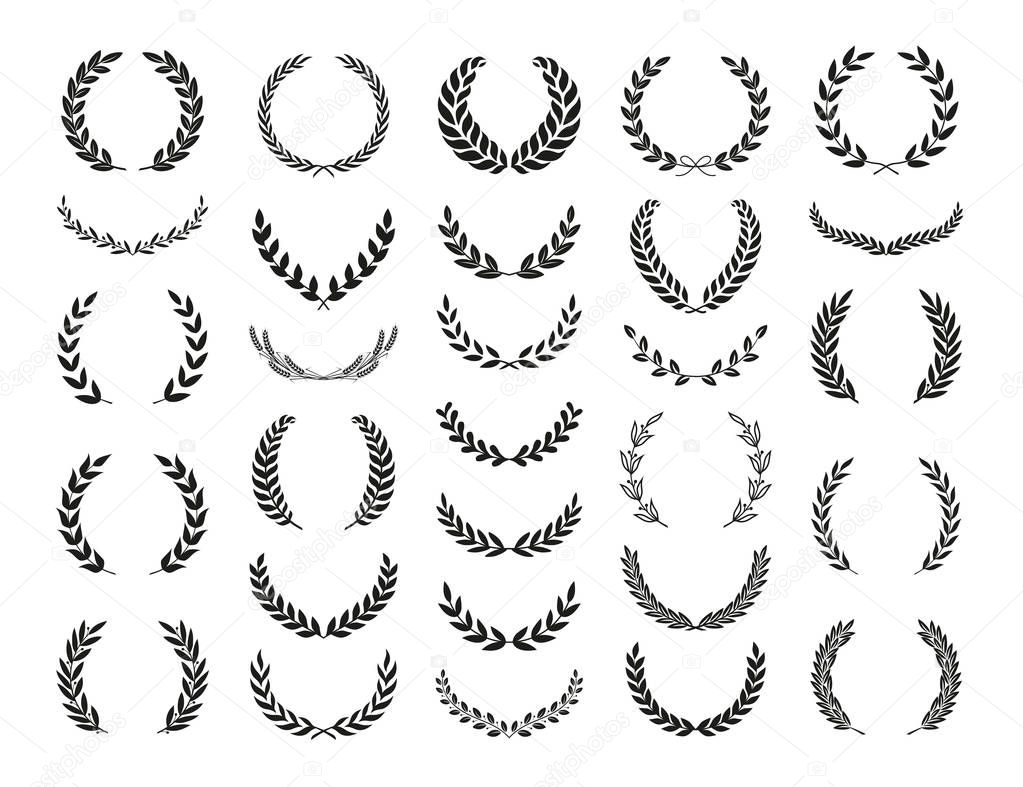 Set of different black and white silhouette circular laurel foliate, wheat and olive wreaths depicting an award, achievement, heraldry, nobility, emblem. Vector illustration.