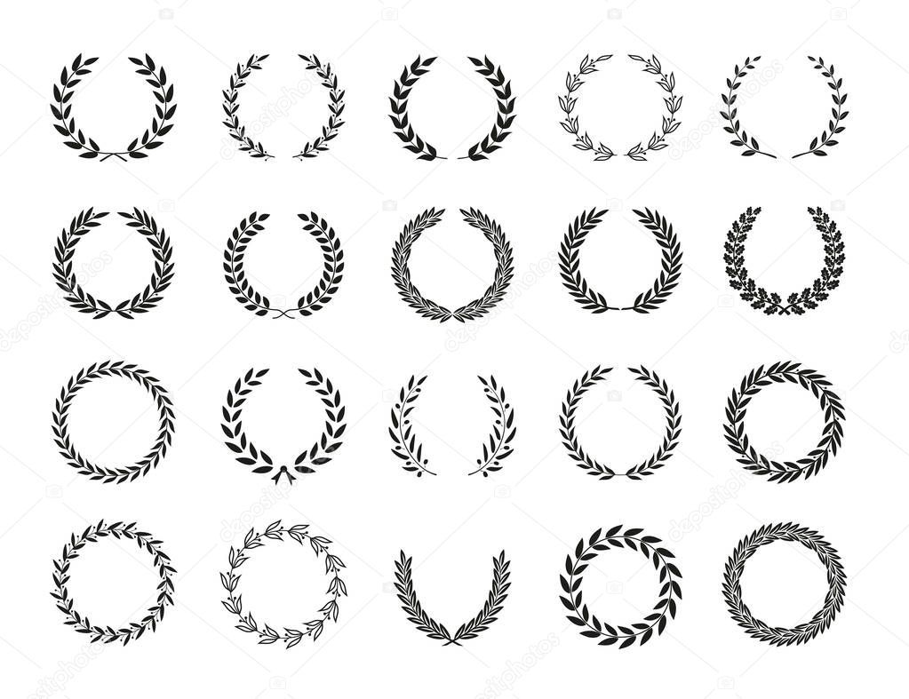 Set of different black and white silhouette circular laurel foliate, wreaths depicting an award, achievement, heraldry, nobility, emblem. Vector illustration.