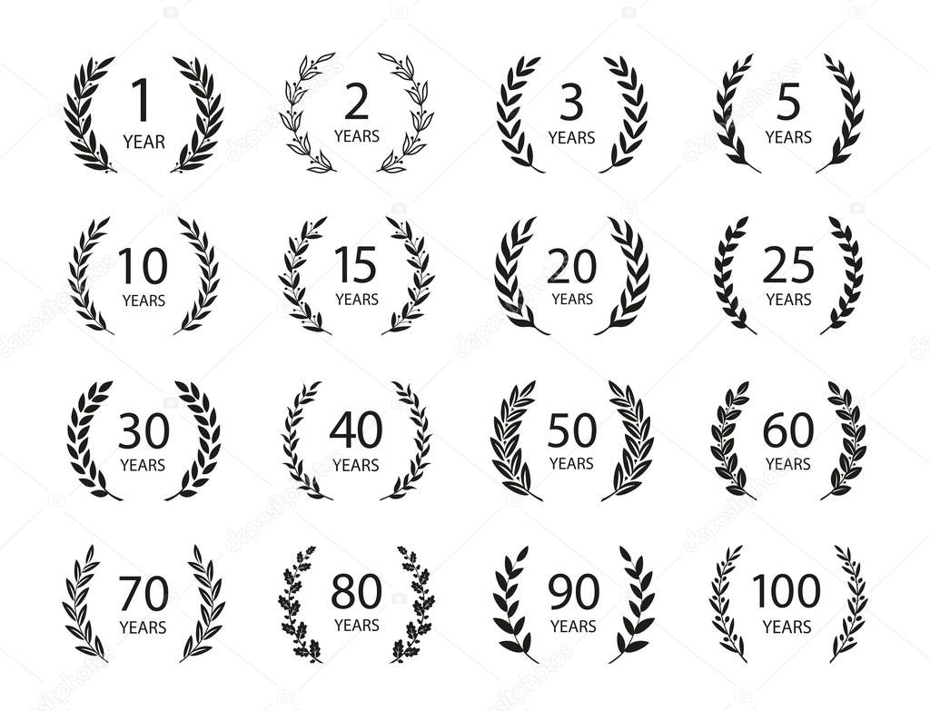 Set of anniversary laurel wreaths. Black and white anniversary symbols isolated on black background. 1,2,3,5,10,15,20,25,30,40,50,60,70,80,90,100 years. Template for award and congratulation design.