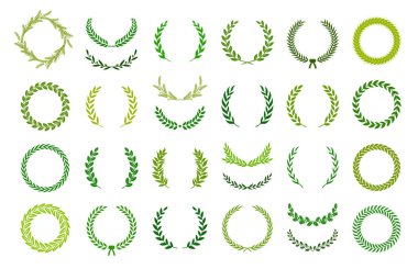 Set of green silhouette laurel foliate, wheat and olive wreaths depicting an award, achievement, heraldry, nobility. Vector illustration. clipart