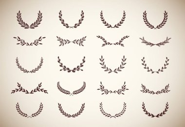 Farklı vintage siluet defne yaprakları, buğday, meşe ve zeytin çelenkleri koleksiyonu bir ödül, başarı, habercilik, asalet, oyun devi tasvir ediyor. Vektör illüstrasyonu.