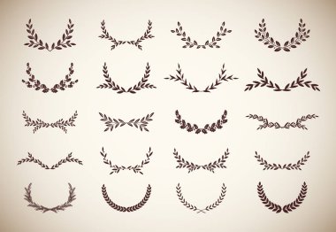 Bir ödül, başarı, habercilik ve asaletin resmedildiği çeşitli vintage siluet yuvarlak defne yaprakları, zeytin ve meşe çelenkleri. Vektör illüstrasyonu.