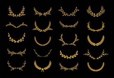 Farklı altın siluet defne yaprakları, buğday, meşe ve zeytin çelenkleri koleksiyonu bir ödül, başarı, habercilik, asalet, oyun devi tasvir ediyor. Vektör illüstrasyonu.