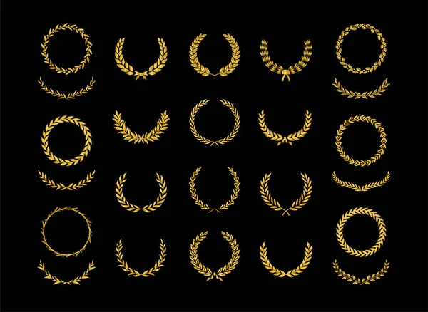 Set van verschillende gouden silhouet laurierbladeren, tarwe, eiken en olijven kransen met daarop een onderscheiding, prestatie, heraldiek, adel, game dev. Vectorillustratie. — Stockvector