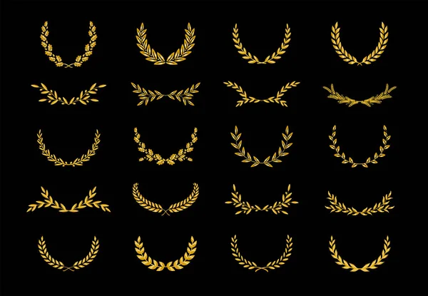 收藏了不同的金黄色月桂树叶、小麦、橡木和橄榄花环，描绘了一个奖项、成就、纹章、贵族、徽章、游戏花环。 矢量说明. — 图库矢量图片