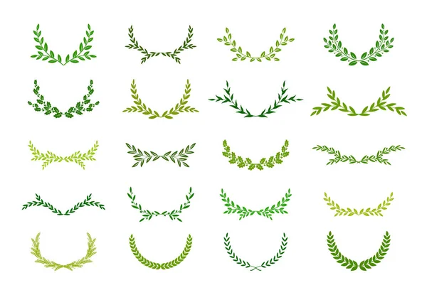 Conjunto de silueta verde laurel foliado, trigo, roble y coronas de olivo que representan un premio, logro, heráldica, nobleza. Ilustración vectorial . — Vector de stock