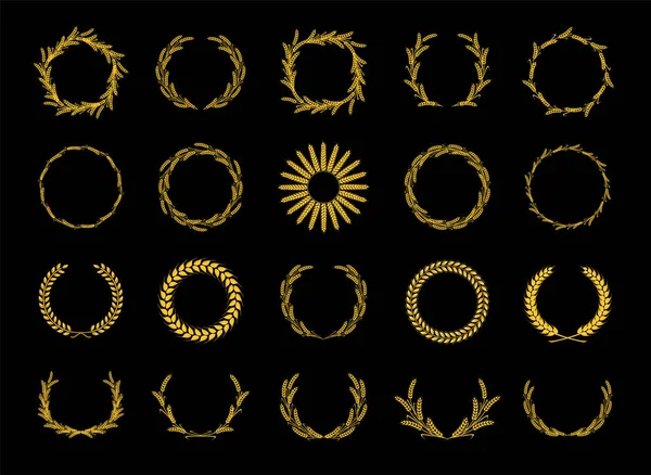 Gouden kransen van tarwe. Design element voor decoratie van de prijs, wapen, logo, handelsmerk, medaille, label. Gouden silhouet op zwarte achtergrond. Vectorillustratie — Stockvector