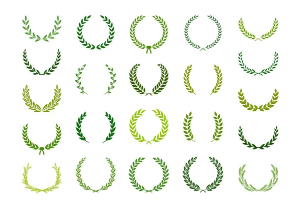 Conjunto de silueta verde laurel foliado, trigo y coronas de olivo que representan un premio, logro, heráldica, nobleza. Ilustración vectorial . — Archivo Imágenes Vectoriales