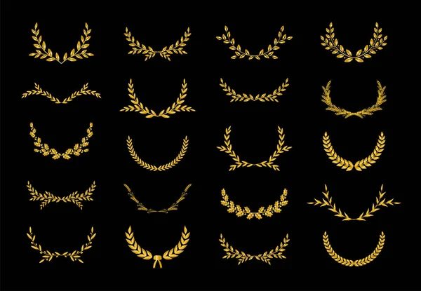 收集了不同的金黄色月桂树叶，小麦，橡木和橄榄花环，描绘了一个奖项，成就，纹章，贵族，游戏的发展。 矢量说明. — 图库矢量图片