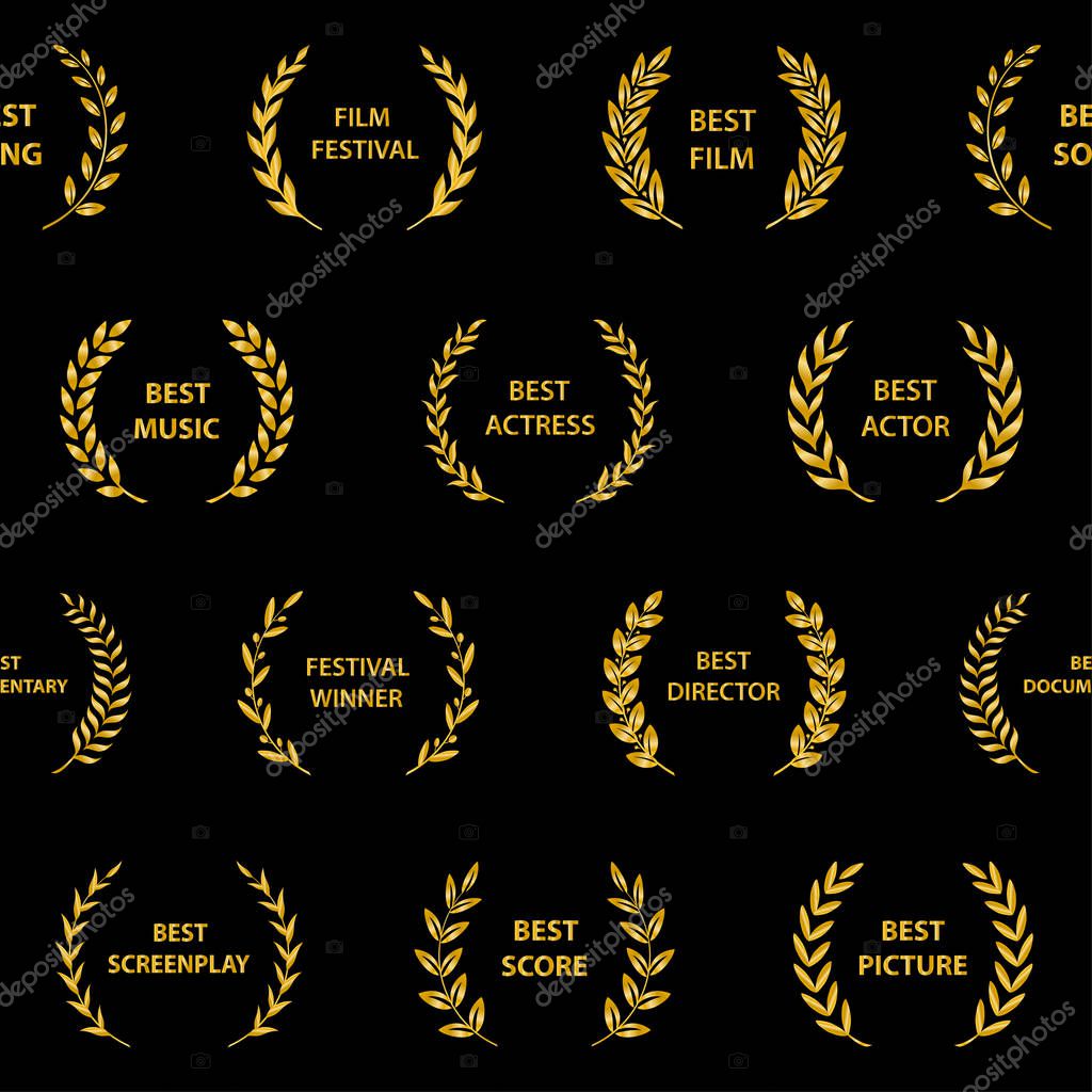 Gold film award wreaths. Seamless pattern. Vector illustration.