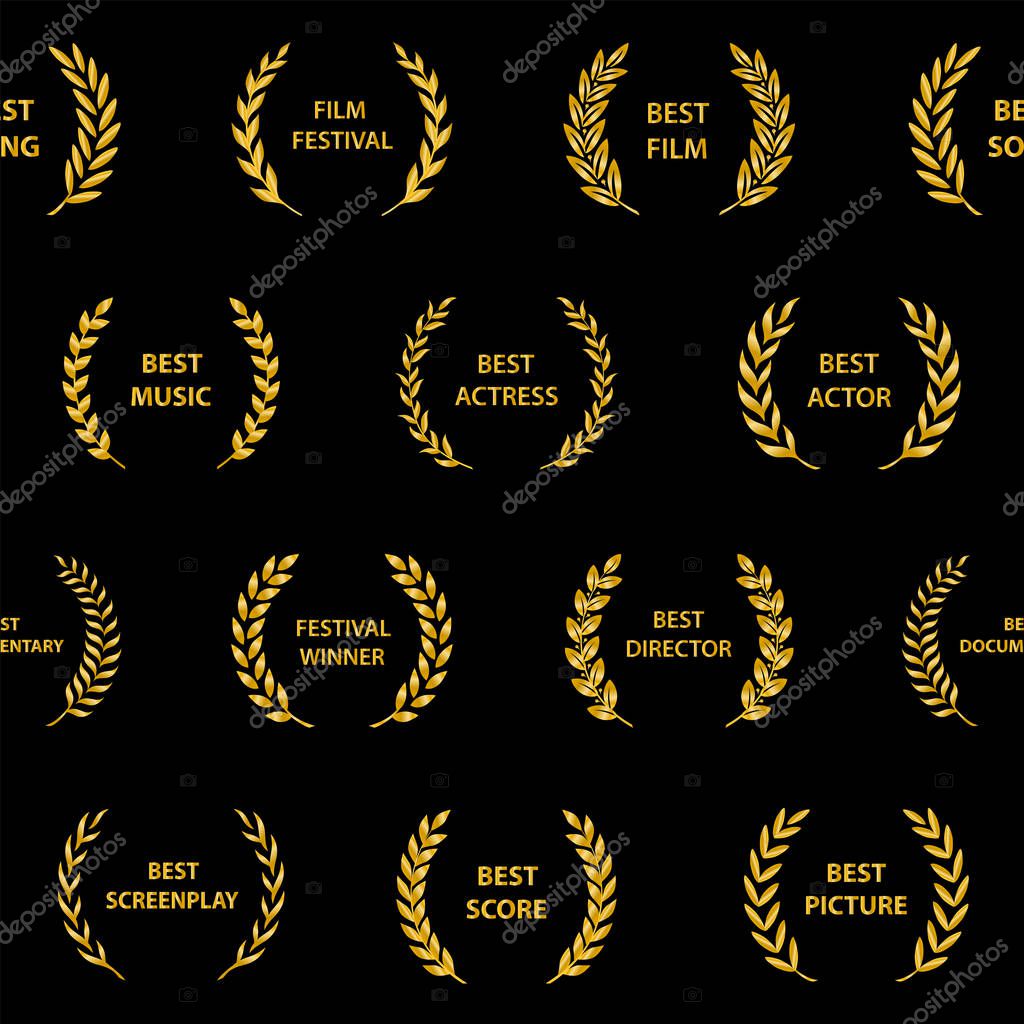 Gold film award wreaths. Seamless pattern. Vector illustration.