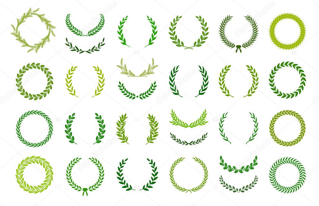 Set of green silhouette laurel foliate, wheat and olive wreaths depicting an award, achievement, heraldry, nobility. Vector illustration.