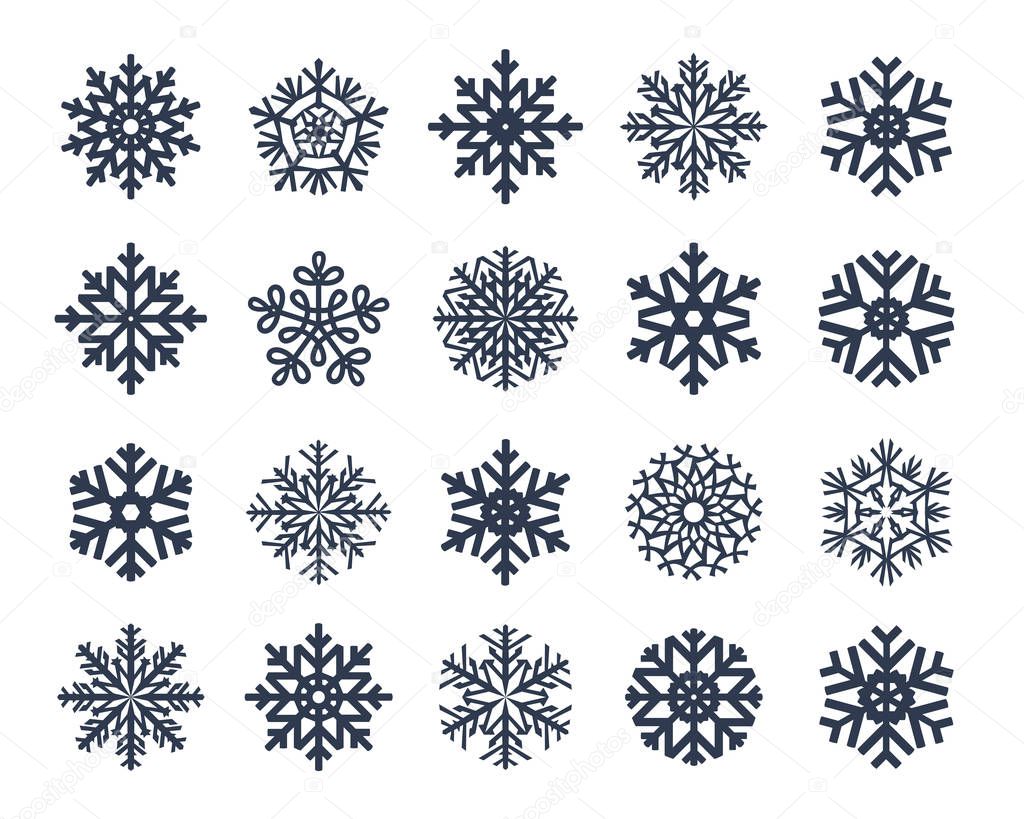 Snowflakes vector collection isolated on white background. Snow icons silhouette, winter, New year and Christmas decoration elements.