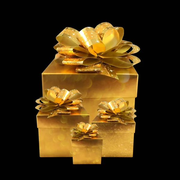 Zlaté vánoční dárkové krabice izolovat na černém pozadí — Stock fotografie