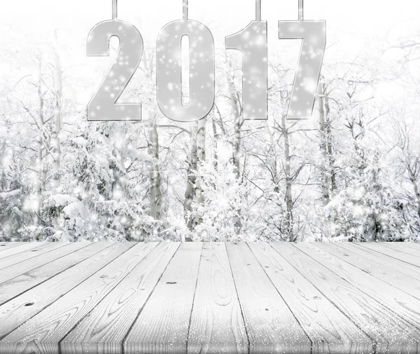 Piano in legno su alberi invernali con fondo effetto neve con — Foto Stock