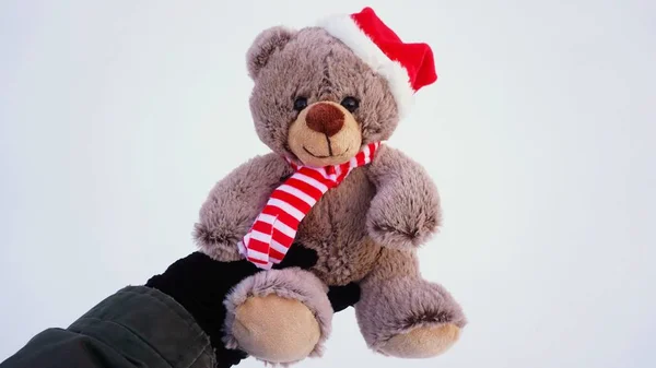 Female hand holding a cute Christmas teddy bear against snow on — Stock Photo, Image