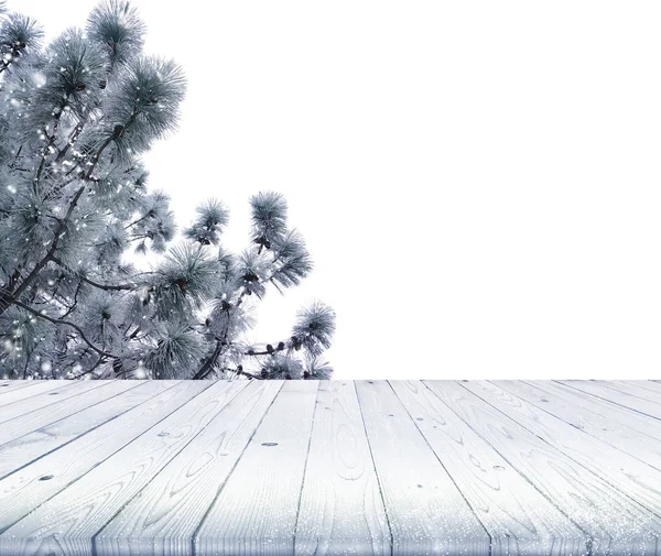 Wood table top on winter background, use for display of your pro