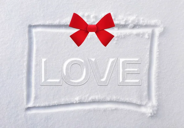 Рука намальована квадратної форми на білому чистому снігу з червоним бантом і турботою — стокове фото