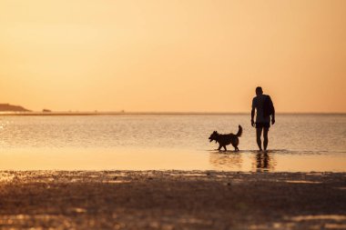 Denizde köpeği olan bir adam.