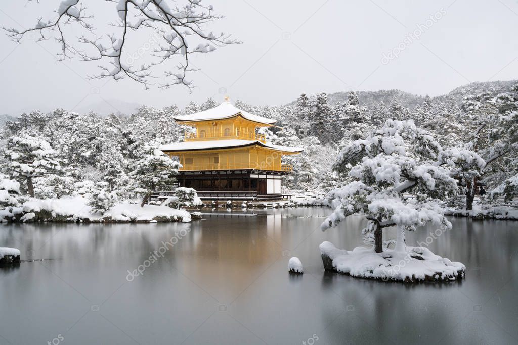 Kinkakuji temple and snow landscape,Kyoto,tourism of Japan